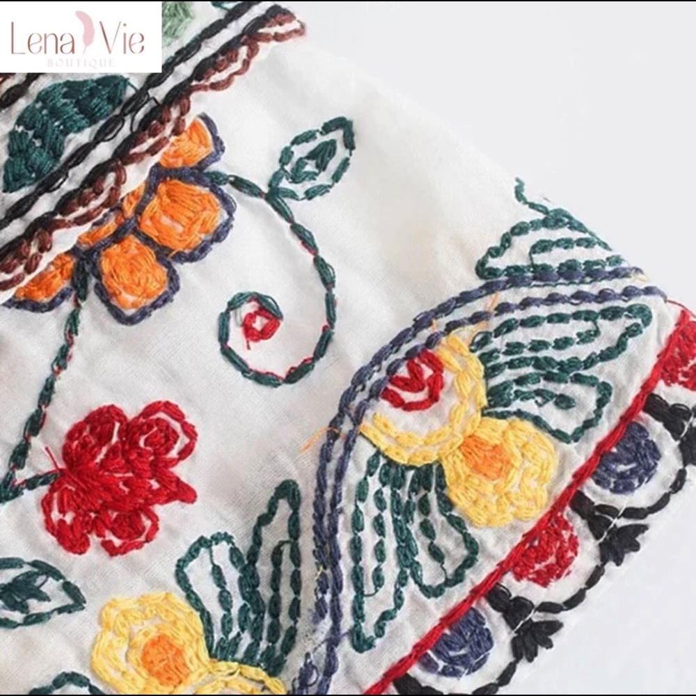 Boho Summer Embroidered Flared Kimono 2 Piece Skirt Set, Cotton Floral Koi Print - Picture 9 of 11